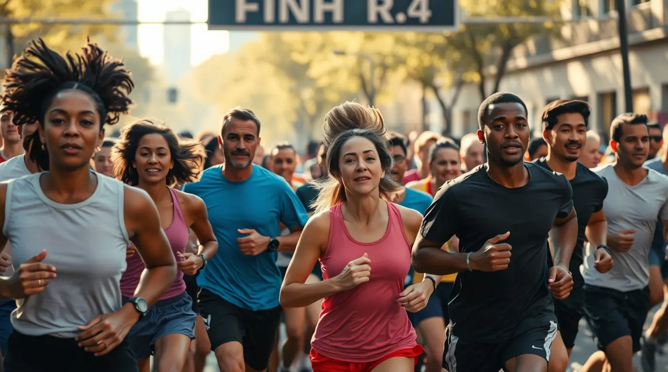 Különböző bőrszínű emberek futnak együtt egy versenyen, a cél felé haladva, a faji megkülönböztetés elleni küzdelem jegyében.