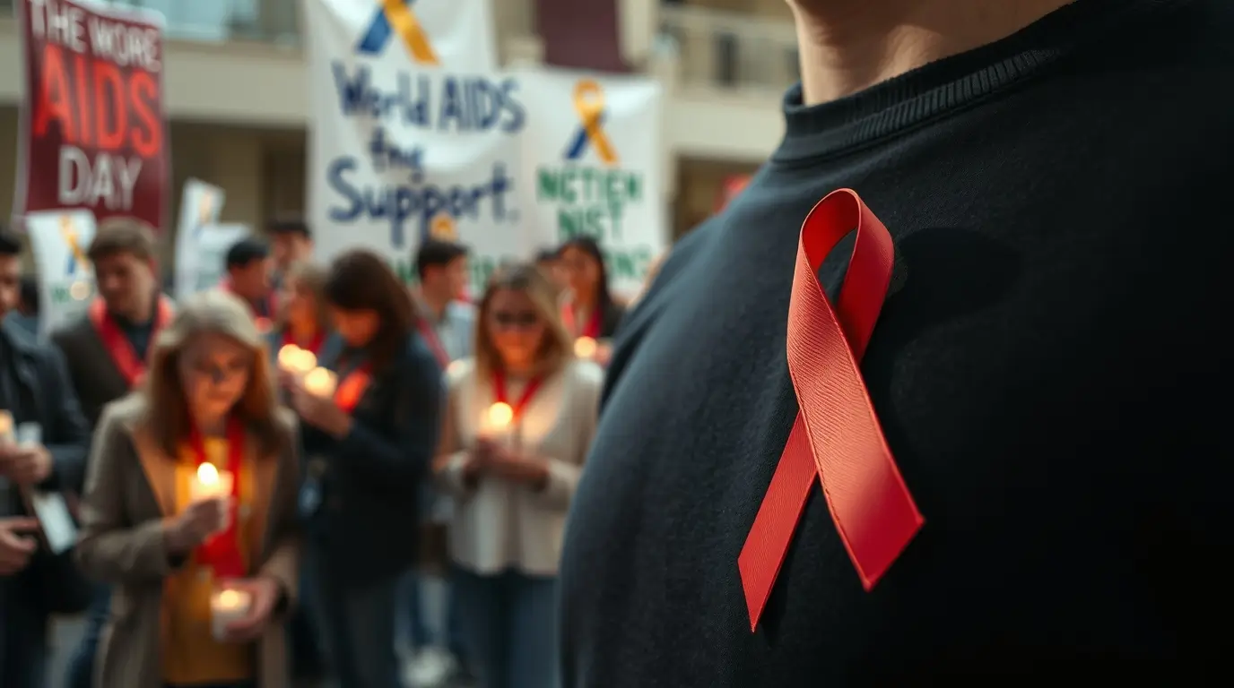 Piros AIDS-szalag közelről mellkason, háttérben emberek rendezvényen, szolidaritást kifejezve.