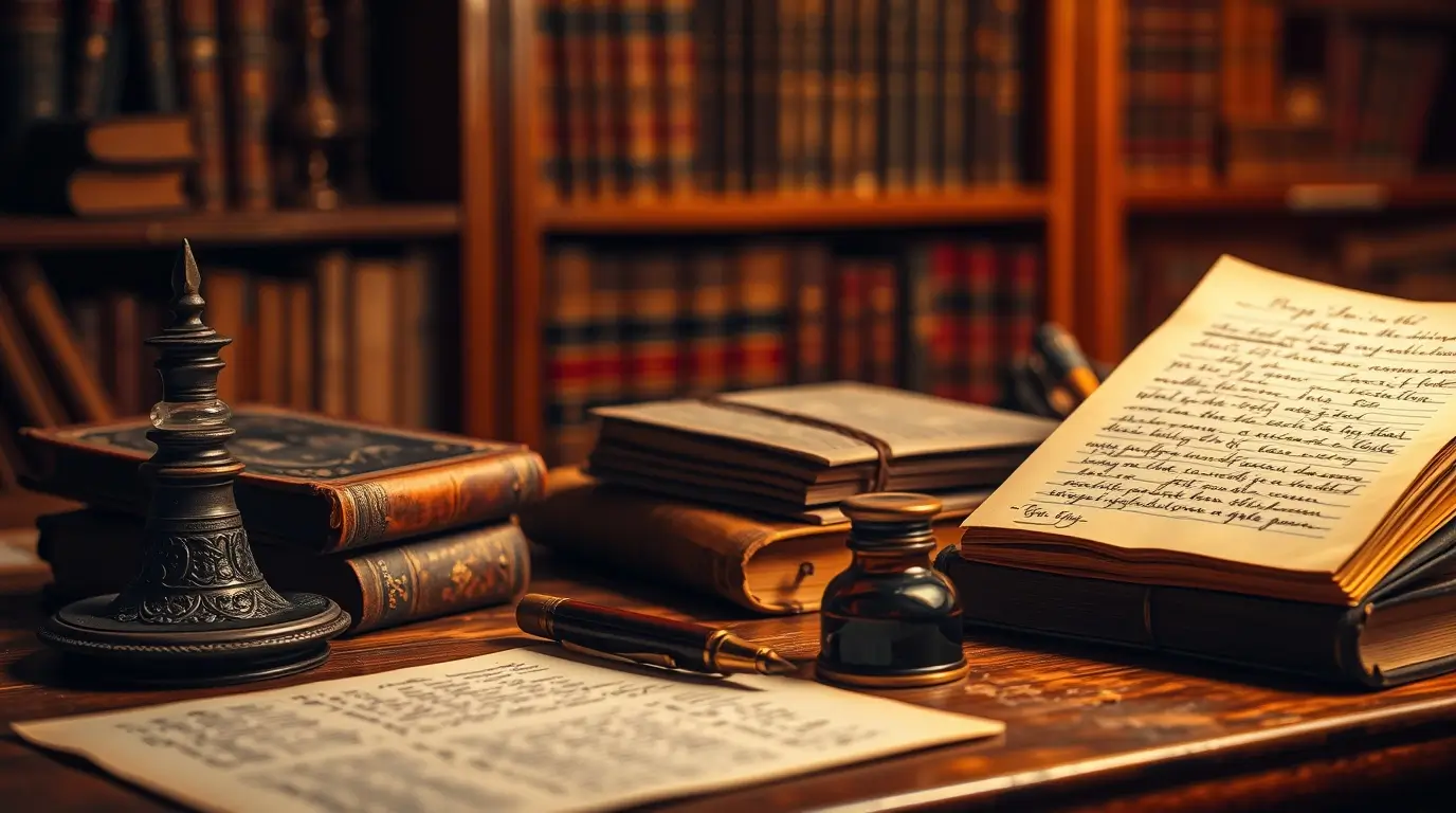 Vintage tollak, öreg könyvek és kéziratok egy íróasztalon, könyvespolcokkal a háttérben, az írói munka jelképeként.