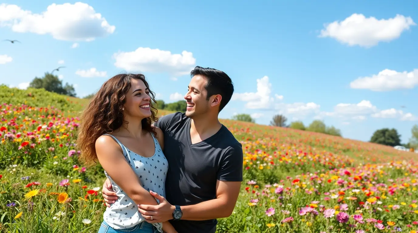 Mosolygó pár virágos mezőn, egymást átölelve – a boldogság világnapja és az együtt töltött pillanatok öröme