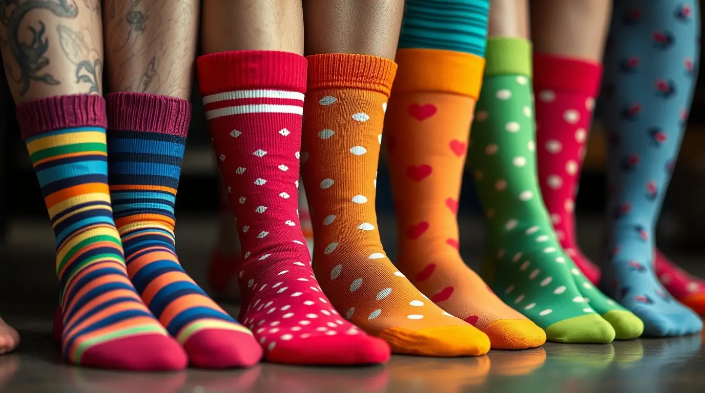 Színes, felemás zoknit viselő emberek lábai sorban – a Down-szindróma világnapjának jelképe, amely az elfogadást és a sokszínűséget ünnepli.