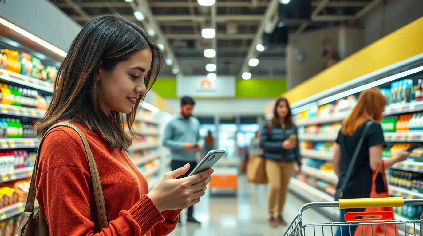 Fiatal vásárló ellenőriz termékeket okostelefonon bevásárlóközpontban, tudatos fogyasztást és árösszehasonlítást szimbolizálva.