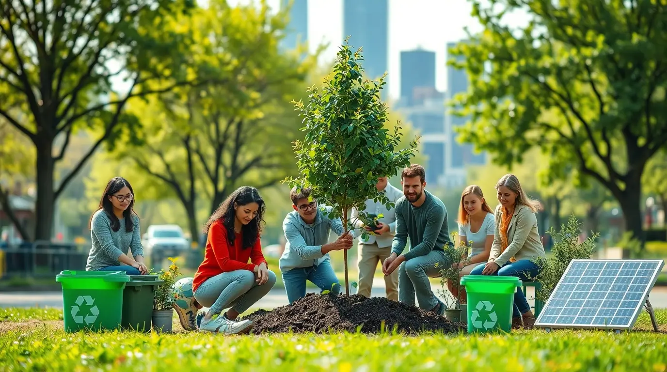 Közösségi faültetési akció a Föld napján sokszínű résztvevőkkel városi környezetben.