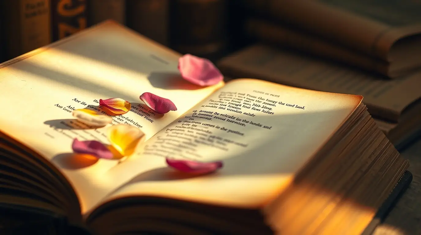 Régi könyvlapok versekkel, virágszirmokkal díszítve meleg fényben, a költészet időtlen szépségének jelképeként.