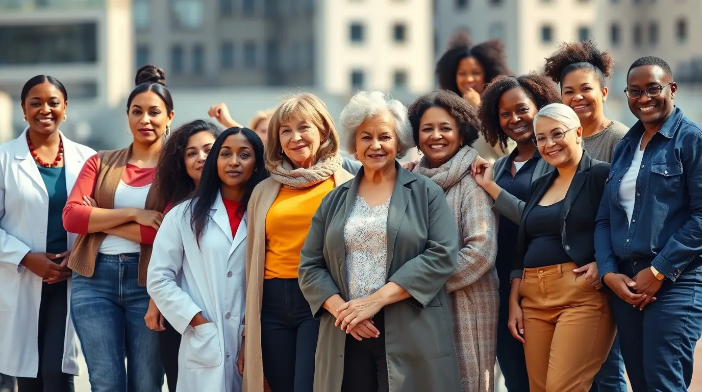 Különböző korú és foglalkozású nők állnak együtt büszkén, sokszínűséget és női erőt szimbolizálva.