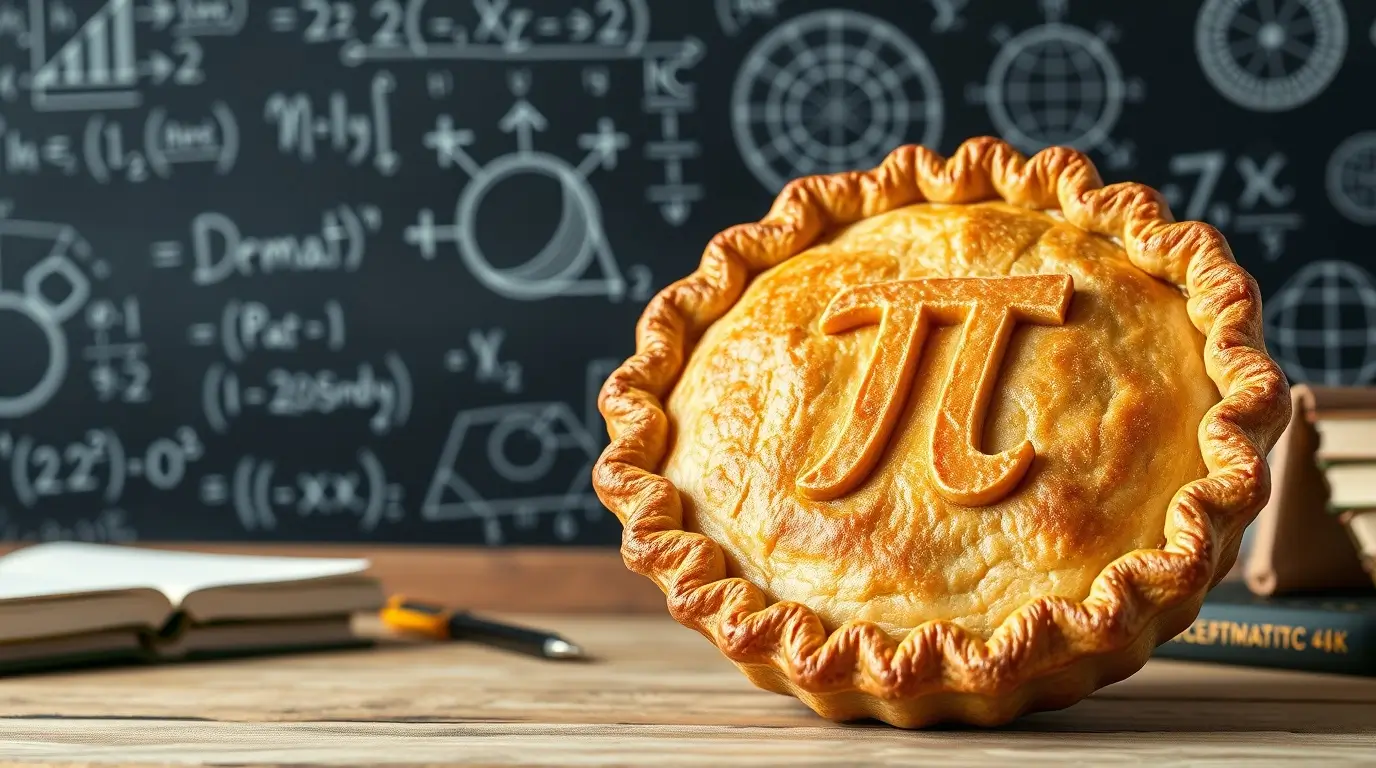 Aranybarna almás pite közelről, tetején π szimbólum, háttérben matematikai képletek táblán.