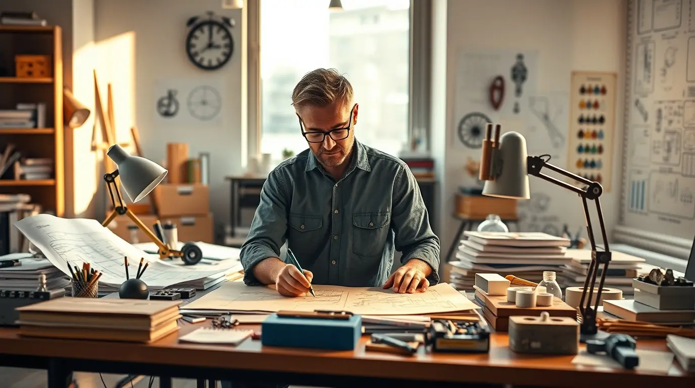 Feltaláló dolgozik vázlatokon és prototípusokon kreatív műhelyben, az innováció és szellemi tulajdon védelmének jelképeként.
