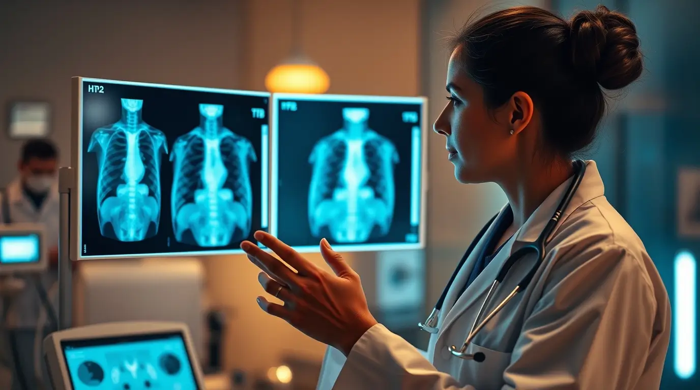 Orvos röntgenképpel dolgozik, a modern orvostudomány és TBC diagnosztika jelképeként.