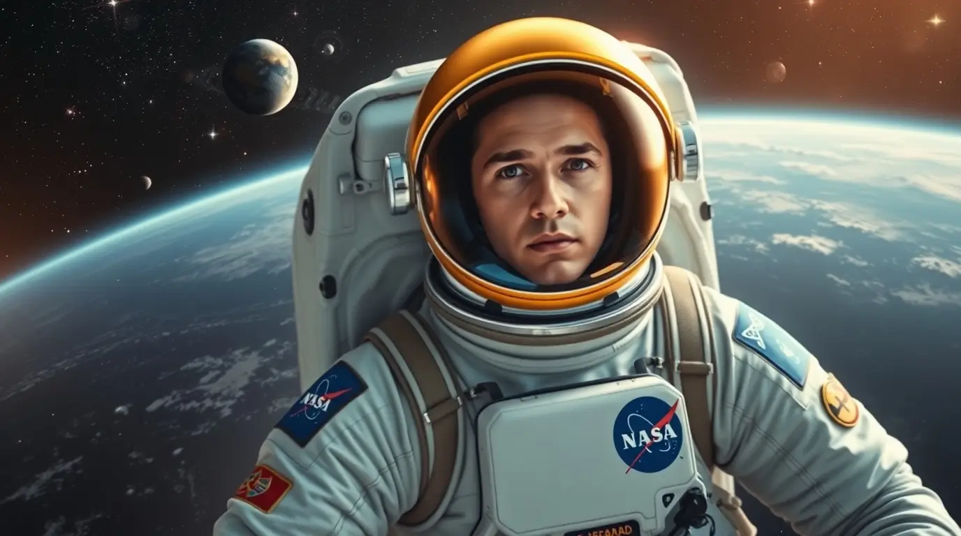 Űrhajós űrruhában az űrállomáson, mögötte a Föld