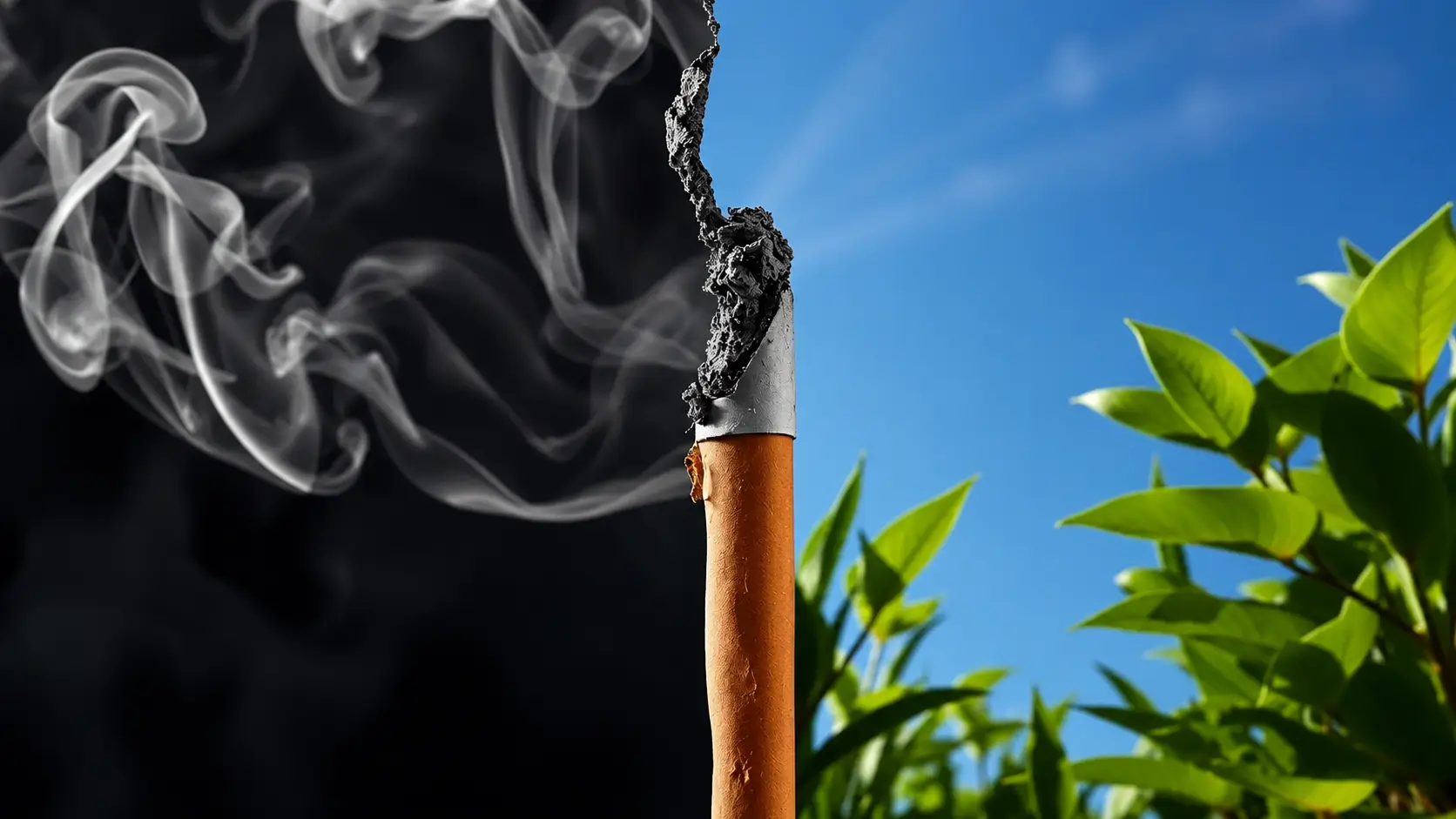 Félig elszenesedett cigaretta füsttel a sötét háttér előtt, mellette napsütéses, zöld növényekkel teli oldal, amely a dohányzás káros hatásai és az egészségesebb élet közötti kontrasztot jelképezi a Dohányzásmentes Világnap alkalmából.