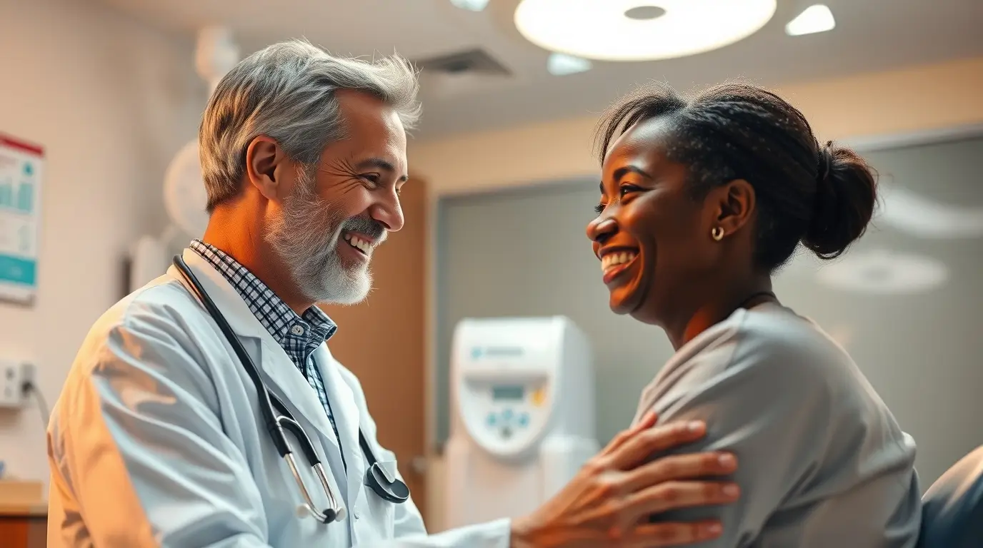 Orvos mosolyogva gondoz beteget az emberközpontú egészségügyi ellátás jelképeként.