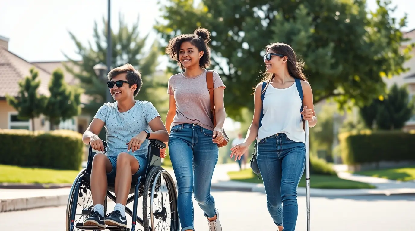 három fiatal együtt sétál vidáman, egyikük kerekesszékben ül, másik fehér bottal megy, a harmadiknak nincs testi fogyatéka