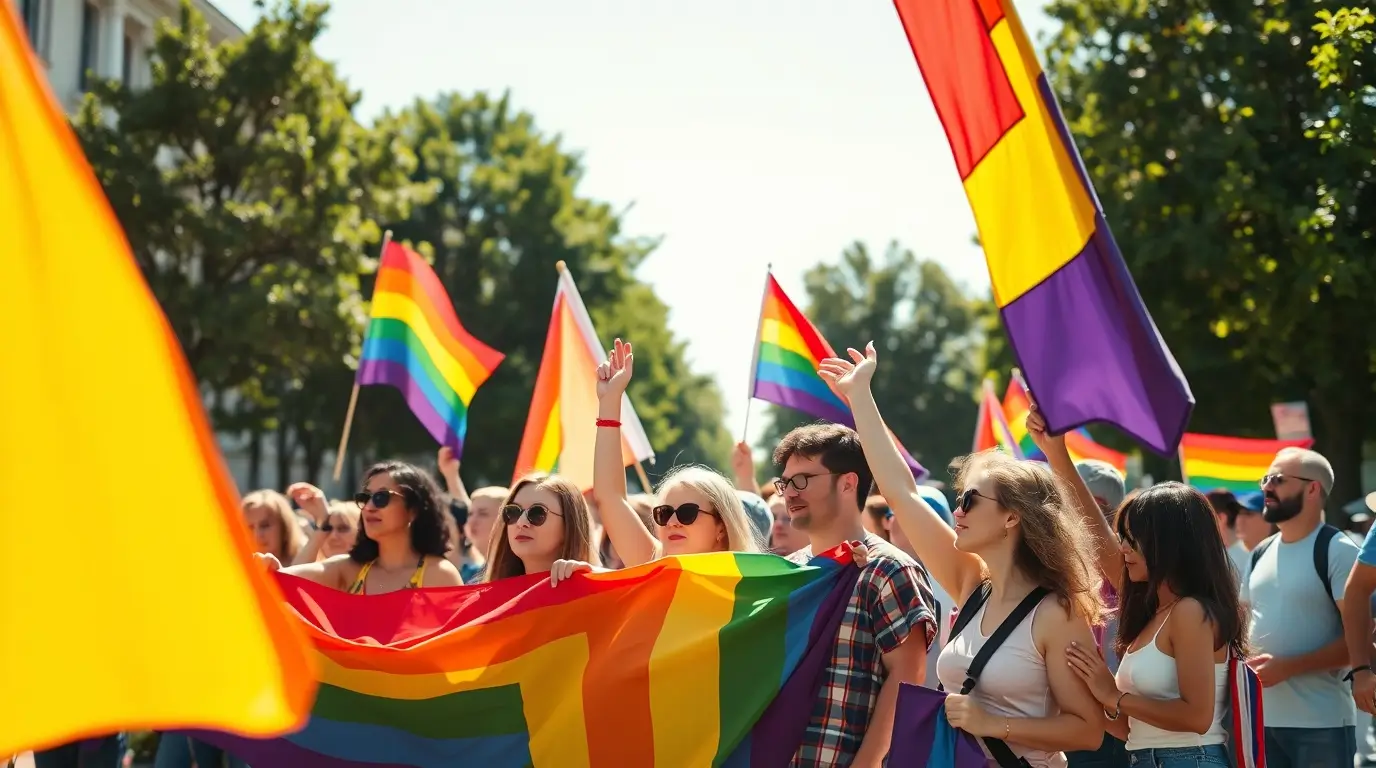 Emberek szivárványos zászlókkal a homofóbia elleni nemzetközi napon, május 17-én.