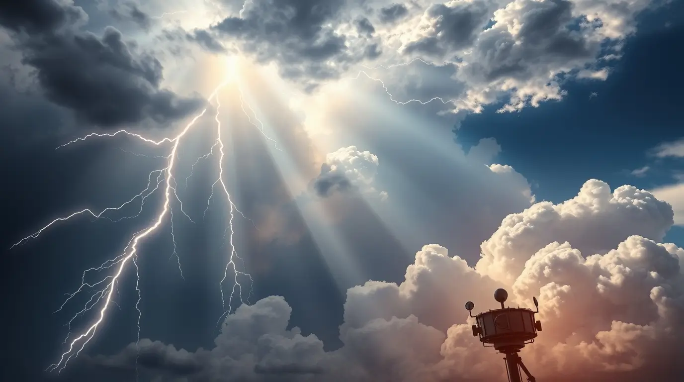 Dramaturgiával teli viharos égbolt villámokkal, előtérben meteorológiai mérőműszerekkel, az időjárás-tudomány erejének jelképeként.