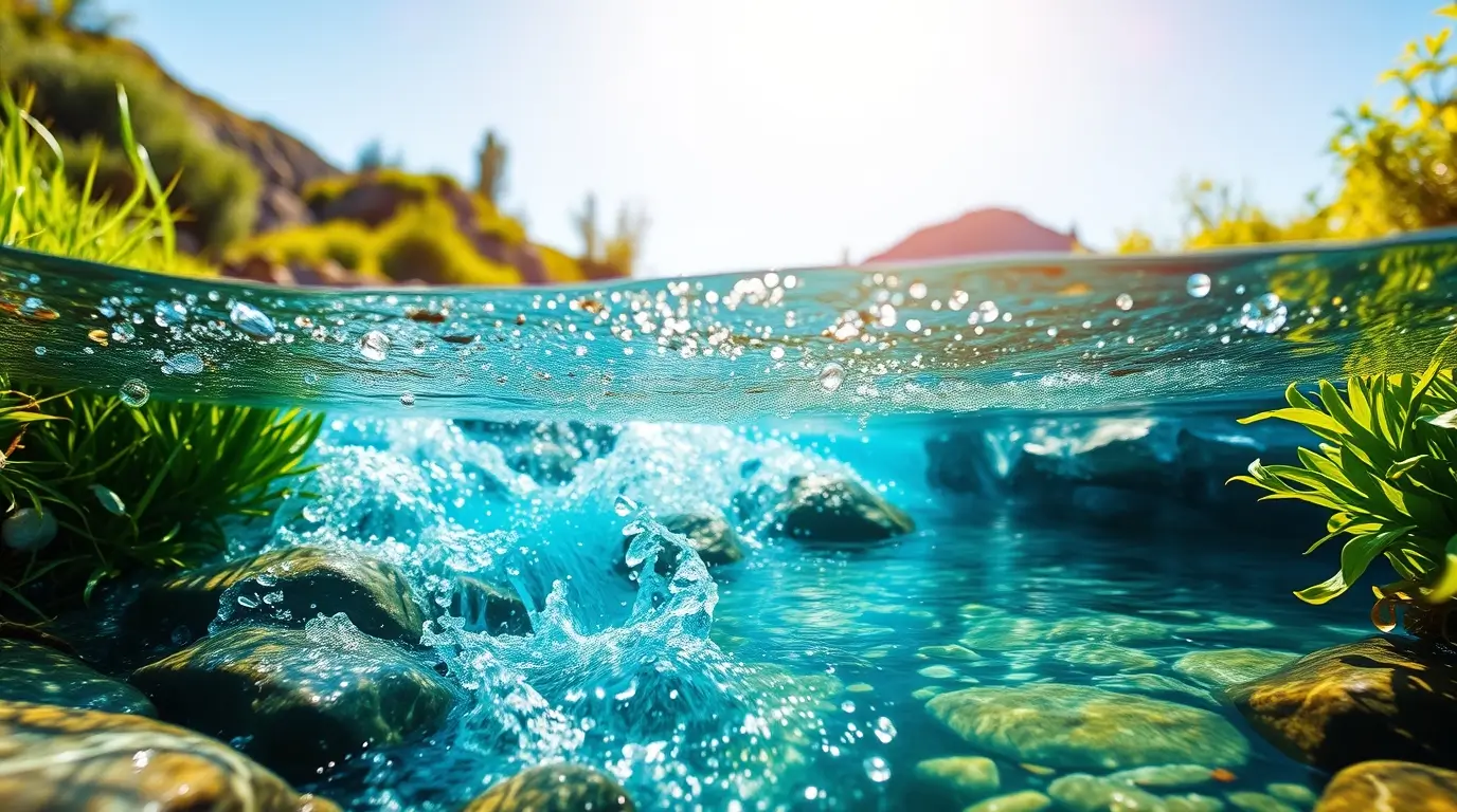 Kristálytiszta víz folyik egy patakban, friss zöld növényzettel körülvéve természetes környezetben meleg napfényben - az édesvíz tisztasága, életet adó ereje és védelmének szükségessége szimbóluma.