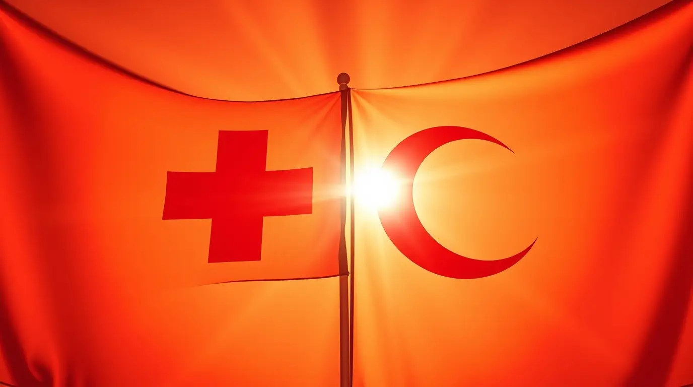 Vöröskereszt és vörösfélhold jelképek együtt, az univerzális humanitárius mozgalom szimbólumaként.